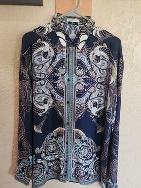 Versace Navy, Cream and Teal Patterned Silk-Feel Top